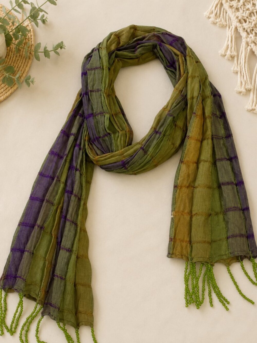 Lightweight Olive Green Plaid Scarf Wrap Shawl with Beaded Fringe Made in India